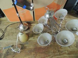 lot 506 image: Bathroom hanging light fixture, folding desktop lamp, 6 light fixture for dining area