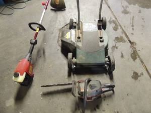 lot 512 image: Power Pro link weed eater gas-powered, Power pro chain saw 16 34cc, Black n Decker flip handle electric bower