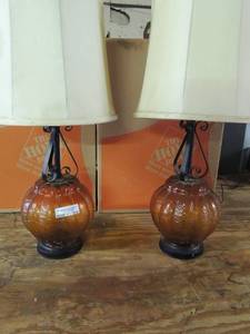 lot 514 image: 2 modern look lamps 16 height, brown glass cream color shades