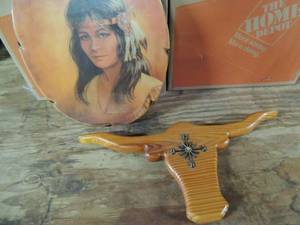 lot 528 image: Indian portrait on wood by M. Caroselli and a Texas longhorn clock