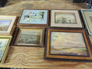 lot 484 image: Art- Lady sitting on bench by Romon 11x14, Painted sky with storm and river 11x12.mountains 8x10, Willows College in Massachusetts 8x10, Fontana Nettune fountain statue 11x10, River bridge bird houses ( stitched) 11x12