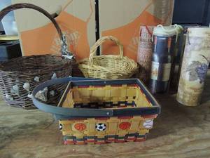 lot 488 image: wicker baskets- x3 and 5 NEW wine bottle holders