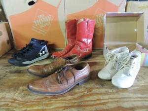 lot 574 image: Red leather boots girls size 7 boot town, Good fella mens brown dress shoes size 8  12 Under armor size 8  girls  tennis shoes, Girls size 4m canvas shoes NIB  size 8
