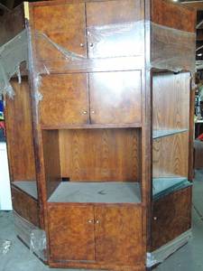 lot 585 image: 3 piece wall entertainment cabinet all pieces included, 3 glass shelves PER Side,-  SEE PCS & DETAILED  DESCRIPTION