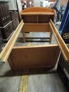 lot 597 image: Twin size bookshelf headboard, footboard, side rail light brown woods