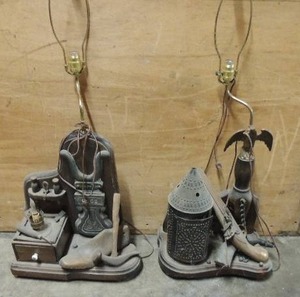 lot 612 image: Antique wooden lamps  unique gun design and shoe maker design