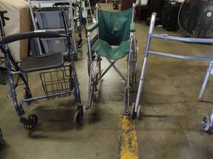 lot 639 image: Avalon medical lot- green wheelchair, walker with 2 front wheels, walker with 4 wheels , seat and storage