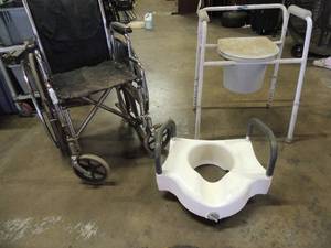 lot 641 image: Toilet lift seat with handles,  child size wheelchair and bedside commode all Nova medical
