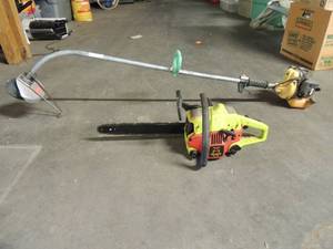 lot 649 image: Mac 89 SL gas powered weed eater   Predator Poulin chain saw