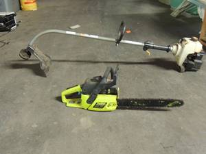lot 650 image: Ryobi gas powered weed eater    Poulin 2150 5X gas powered chain saw    All unknown working condition