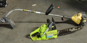 lot 651 image: Mac 2818 McCullough weed eater gas powered, Poulin Counter 340V chain saw gas powered All unknown working condition