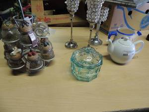 lot 659 image: Lady bug teapot.   pier 1 imports tea pot     green glass covered candy dish 3 crystal candy dishes
