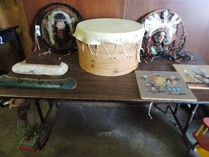 lot 620 image: American Indian lot- Indian dream catcher x 2, 16 round, canoe  coat rack, wood boat needs TLC tom-tom Indian deer skin 2 Indian feather wall art 12x12