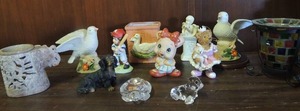 lot 666 image: Elephant marble oil burner, clear glass seal  and turtle, Christmas tree bear ornament, stained-glass vase with holder and 2 matching doves