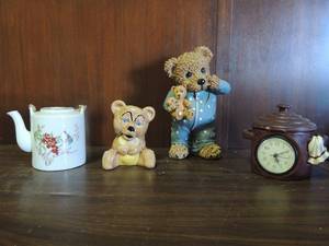 lot 667 image: Glass teapot with lid cherry dcor, wooden red clock cookie jar with lid, teddy bear 11 h with tear drop glass bear head comes of