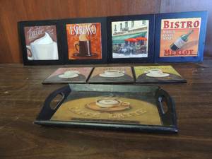 lot 668 image: Coffee and wine counter top hot pads and wooden cafe latte tray