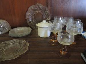 lot 671 image: 7 glasses with brown stems leaf dcor on glass, white ceramic sugar bowl with lid six 6 swirl glass plates 1 large 8 dinner plate