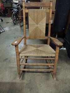 lot 681 image: Oversize wooden ROCKER with wicker Woven back and seat
