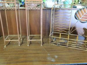 lot 683 image: 2 bronze metal plant stands 24 x 8 a metal wall hanger with leaf decor 27Hx 20 wide