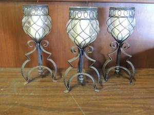 lot 685 image: 3 vintage metal candle stands with glass tops 18 H