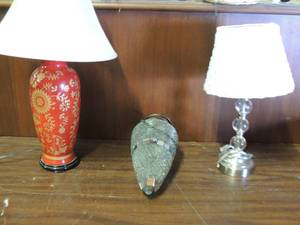 lot 686 image: Red floral lamp 24 high, Crackled glass hanging tea light candle holder for outside 13 long ball glass stand bedside lamp with shade