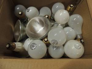 lot 720 image: Small box of assorted 60 watt, bulbs 120 watt and 48 watt GE flood lights