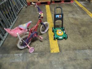lot 725 image: Princess toddler bike with training wheels & baby carrier on back plus a little tykes popping push mower