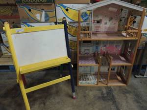 lot 727 image: Makeup Powderoom doll house 29w 45tall  contains living and kitchen area multicolor pencil design chalk board 38 T and 23wide double sided