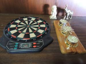 lot 735 image: Sunbeam thermometerbarometer, bronze elephant, waterboy statue and electronic dart board