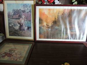 lot 742 image: Art- Morning greeting 30x24, Teddy Bear by Ava Freeman 18x22, Forest fire Indian in canoe by Rofui 28x26