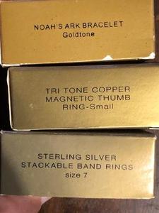 lot 853 image: Avon jewelry ALL NEW-  Gold Tone Noahs Arc bracelet   Sterling Stacking Band rings  sz 7  and tritone magnetic thumb ring size small