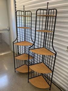 lot 5 image: 2 wicker and metal corner shelves