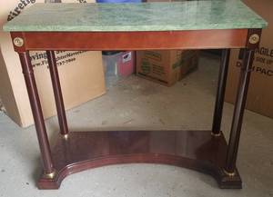 lot 44 image: WOODEN ENTRY TABLE WITH MARBLE TOP (35 W x 13.75 D x 30 H)