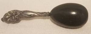 lot 83 image: RARE FIND ANTIQUE WOODEN SOCK DARNER WITH STERLING SILVER HANDLE (CIRCA 1910S)