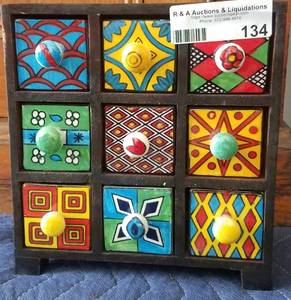 lot 134 image: WOODEN RACK WITH MOSAIC DRAWERS