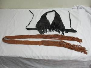 lot 68 image: Soft Leather Black Bikers Bra, 3-Snap adjustable, One Size Fits Most, And Soft Leather Brown Belt.