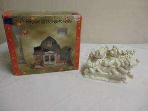 lot 7 image: Autumn Grove Porcelain Lighted Harvest House And Porcelain3 Bears In A Sleigh Musical Figurine