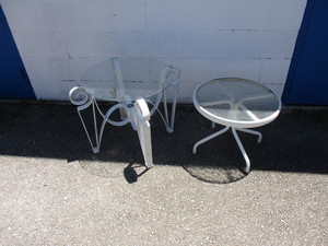 lot 42 image: 2-Painted White Metal and Glass Tables