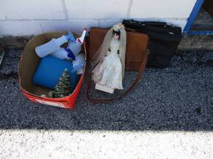 lot 48 image: Mixed Lot Briefcases, Spray Bottles, Christmas Tree Candle Holder, Travel Pillow, Ironning Board and Vintage Doll