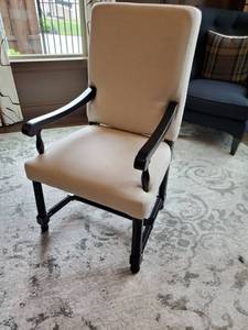 lot 8 image: Linen & Wood Arm Chair