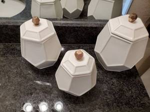 lot 65 image: Three Songbird Geometric Canisters by Trisha Yearwood Home