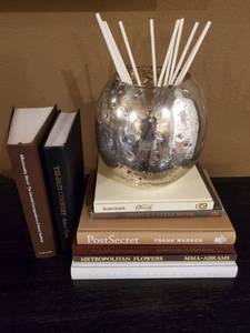 lot 67 image: Mercury Glass Bowl with Decorative Sticks & 8 Books