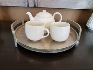 lot 79 image: IMAX Odella Aluminum Tray with Threshold Porcelain Teapot & 2 Mugs