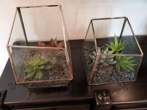 lot 120 image: Pair of Glass Terrariums with Faux Succulents