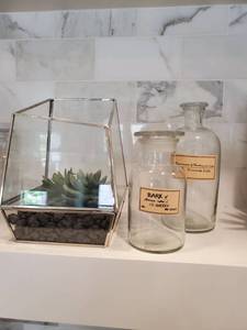 lot 192 image: Faux Succulent in Terrarium & Vintage Look Bottles