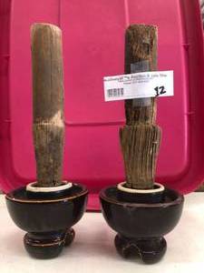 lot 12 image: 2 vintage insulators with wooden spindals