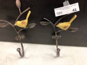 lot 42 image: Metal Wall Hooks with yellow Bird accents