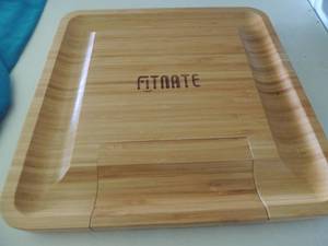 lot 32 image: Fitnate cheese block bamboo 14x14 with serving utensils New