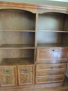 lot 44 image: Brown shelving units 76 x 16 5D-33w has cabinet at bottom with shelf and 76 x 33 x16 3 drawers drop front