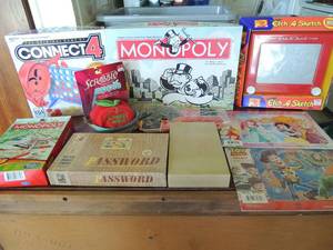 lot 67 image: Kids games- Etch a sketch NIB, Connect 4 ,monopoly, apple scrabble NIB, Mini monopoly 2 puzzles and more Most in new